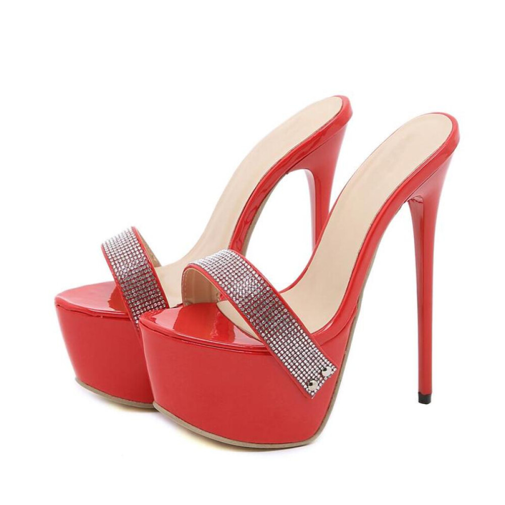 (red, 40) Eilyken New Fashion Crystal Rhinestone Women Platform Slippers Summer Open Toe Stiletto Heels Sandals Ladies Shoes Sliders