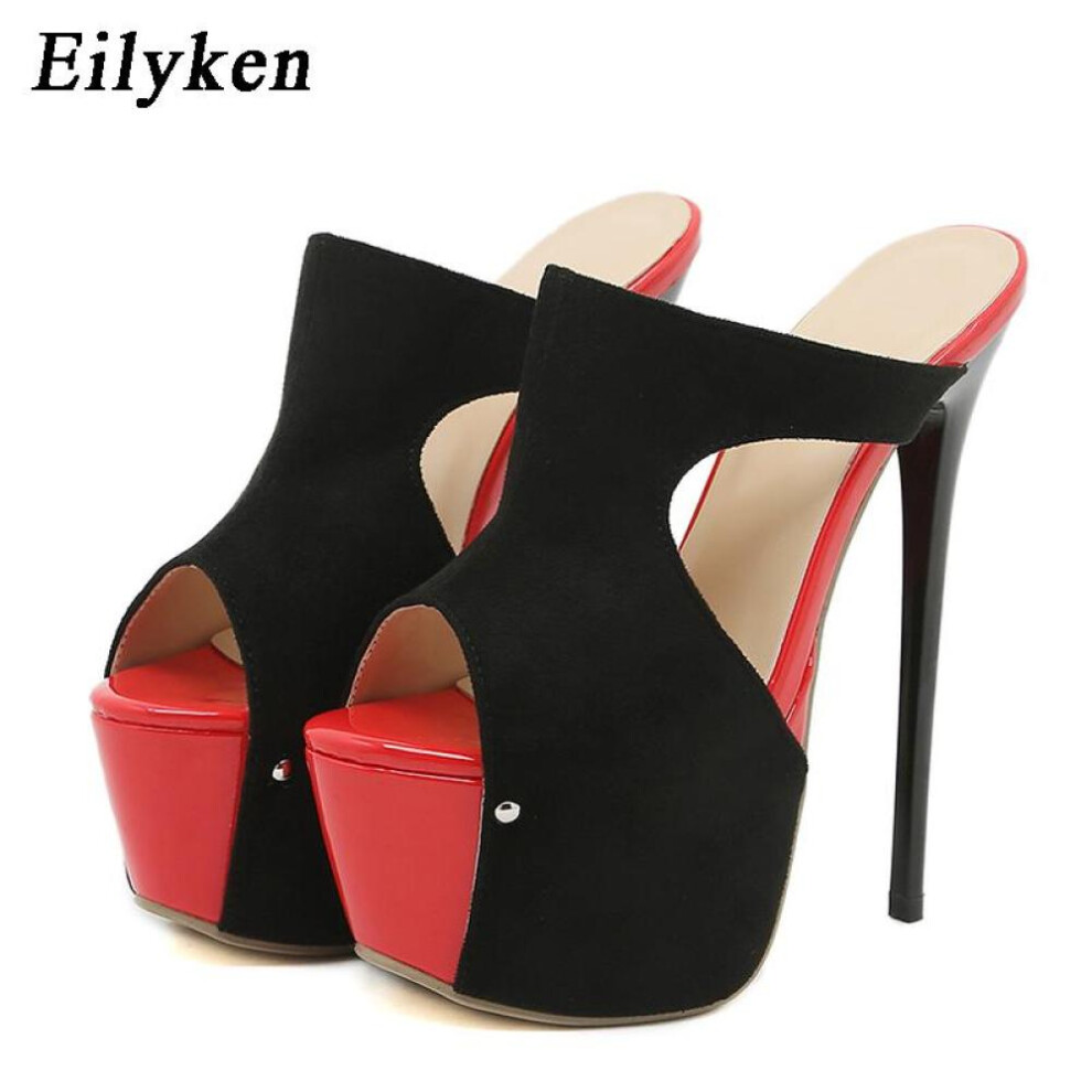(black, 36) Eilyken 2023 Summer Thin Heels Platform Slippers Hollow Out Women&apos;s Chunky Peep Toe Slides Ladies Shoes