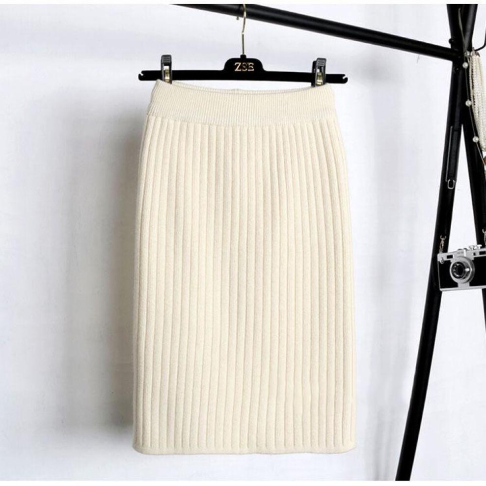 (beige, L) Scione 65-75cm Elastic Women Skirts Autumn Winter Warm Knitted Straight Skirt Ribbed Mid-long Skirt