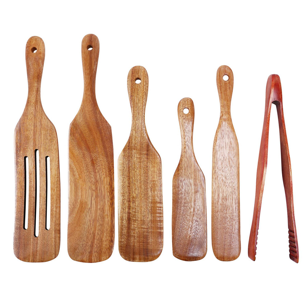 Ensemble de 6 ustensiles de cuisine en bois de teck, spatule en bois résistante à la chaleur, cuillères en bois antiadhésives