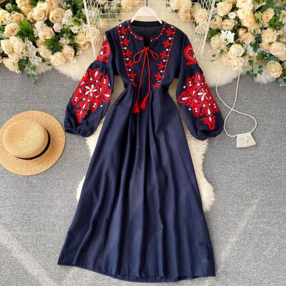 (navy blue, XL) National Style Elegant One Piece Dress Women Flower Print Vintage Party Midi Dress Female Loose Fashion Retro Design Dresses 2024