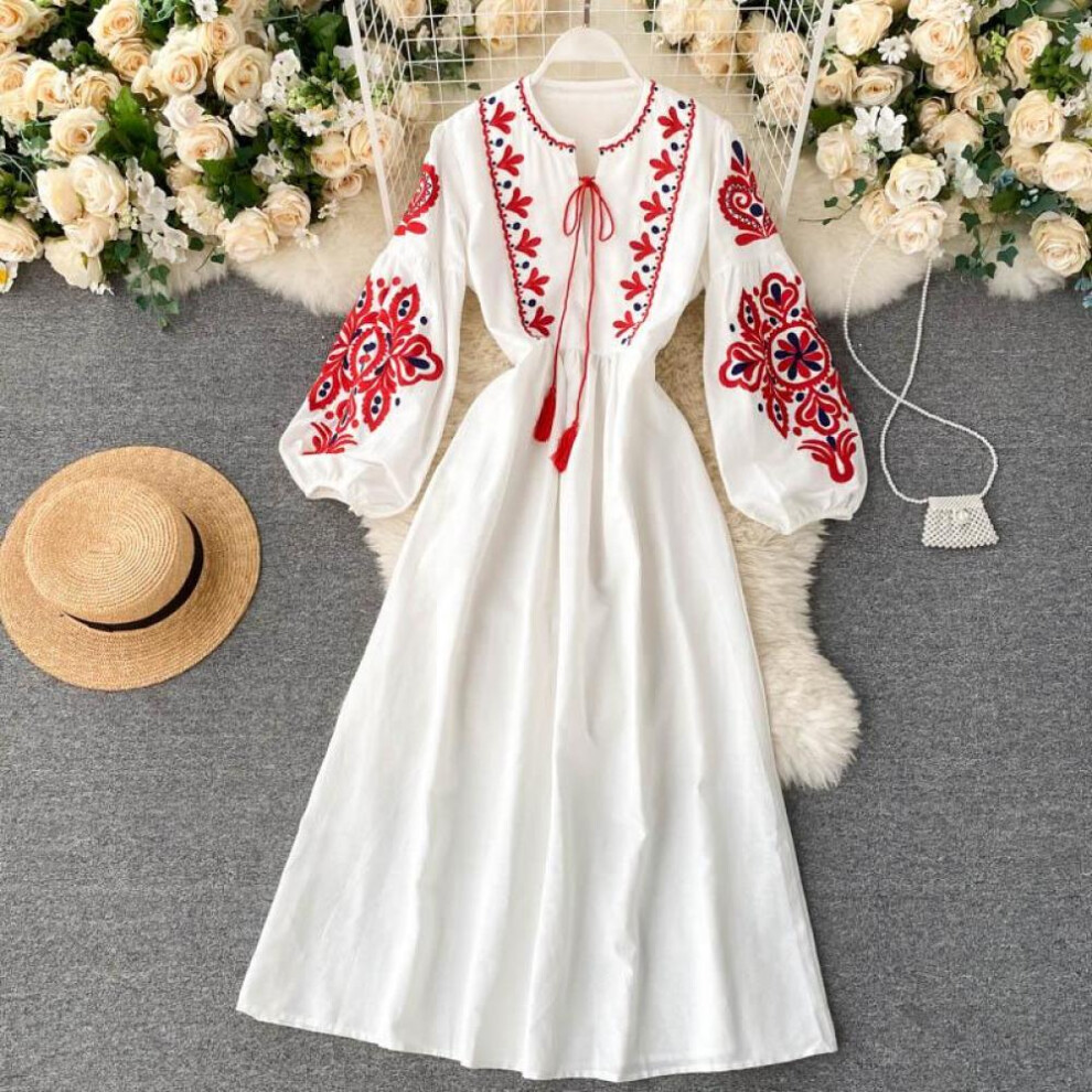 (white, L) National Style Elegant One Piece Dress Women Flower Print Vintage Party Midi Dress Female Loose Fashion Retro Design Dresses 2024