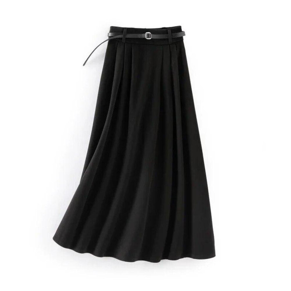 (black, S) Fashion Office Lady Pleated Skirt Women Elegant High Waist Loose A-line Skirts Female Autumn Winter Woolen Coffee Long Skirt 29914