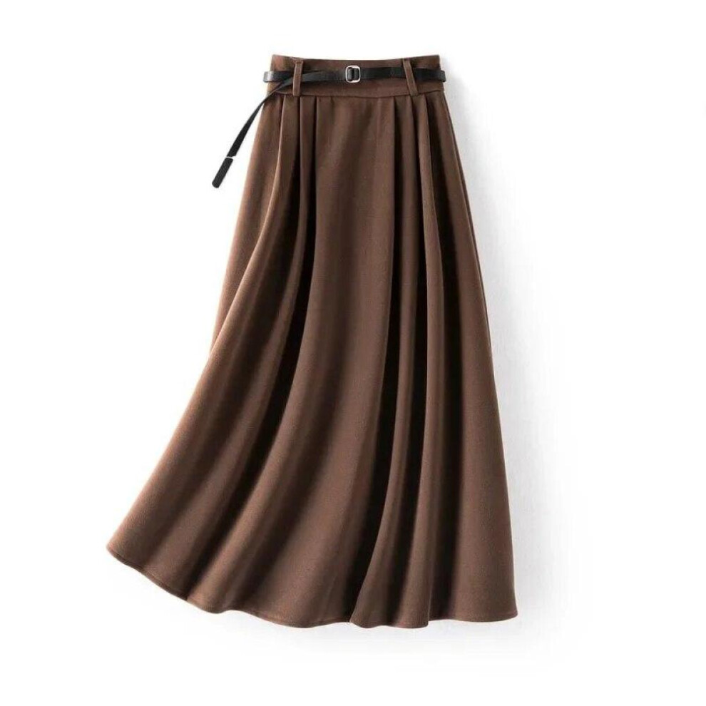 (coffee, M) Fashion Office Lady Pleated Skirt Women Elegant High Waist Loose A-line Skirts Female Autumn Winter Woolen Coffee Long Skirt 29914