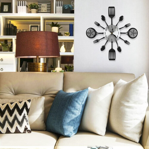 16 Inch Kitchen Wall Clocks with Spoons and Forks,3D Tableware Wall Clock Room (Black) 2