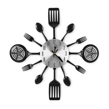 16 Inch Kitchen Wall Clocks with Spoons and Forks,3D Tableware Wall Clock Room (Black)