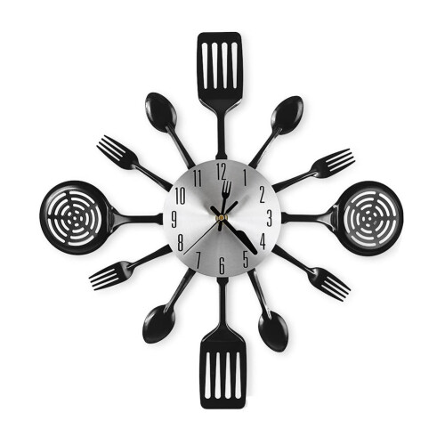 16 Inch Kitchen Wall Clocks with Spoons and Forks,3D Tableware Wall Clock Room (Black)