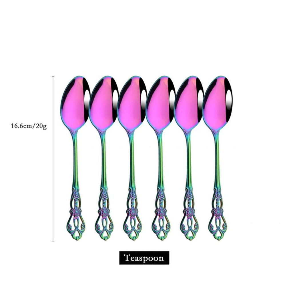 (6pcs-dessert spoon) 6Pcs/24Pcs Rainbow Western Dinnerware Stainless Steel Cutlery Set Knife Fork Coffee Spoon Tableware Set With Luxury Storage Rack