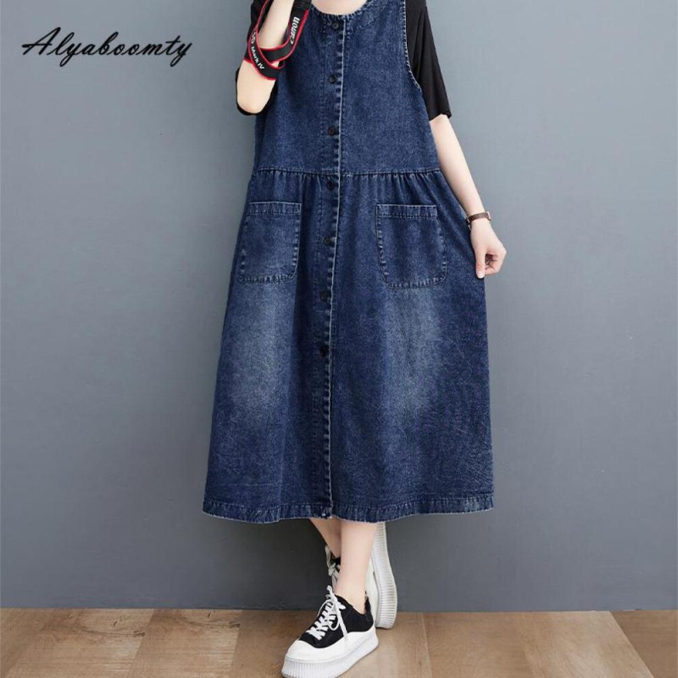 (blue, XL) Plus Size Summer Autumn Women Denim A-line Midi Sundress O Neck Blue Casual Loose Korean Sleeveless Dress Elegant Buttons Oversized Tank Dress