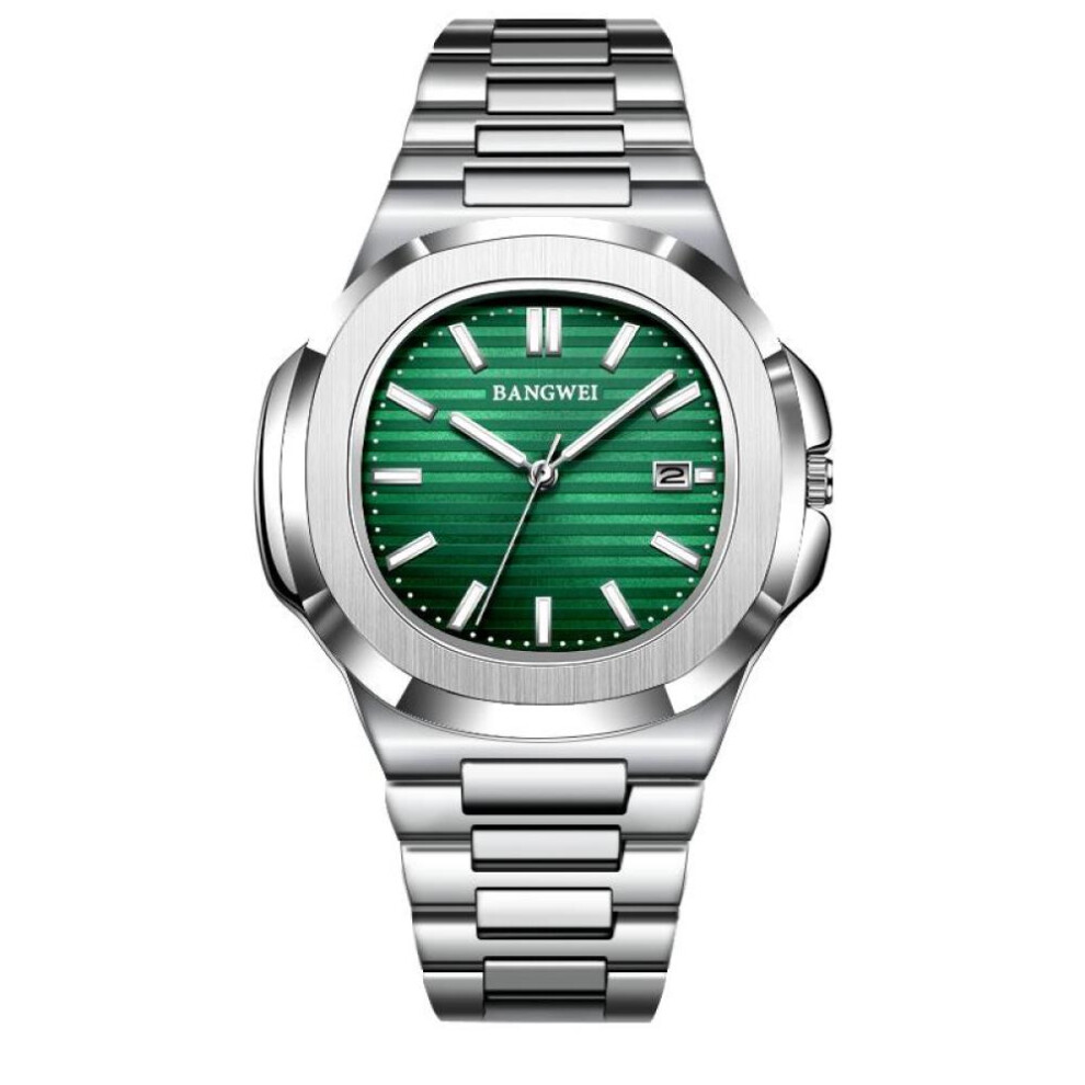 (silver,green) 2024 New Luxury Men Quartz Watches 30m Waterproof Automatic Date Watch Stainless Steel Sport Watch For Men Clock
