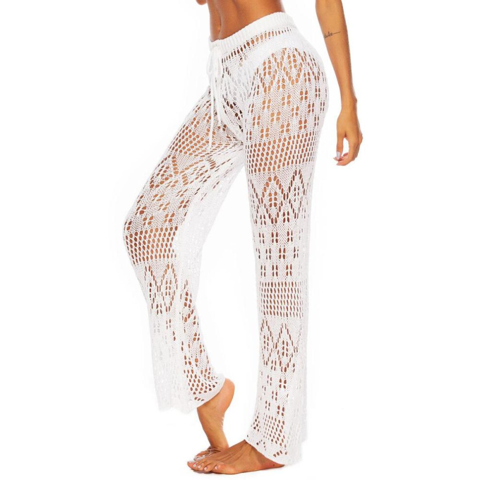 (white, L) Plus Size Solid Colour Sexy Women&apos;s Nightclub Sexy See-through Hollow Out Woven Pant Crochet Beach Trousers