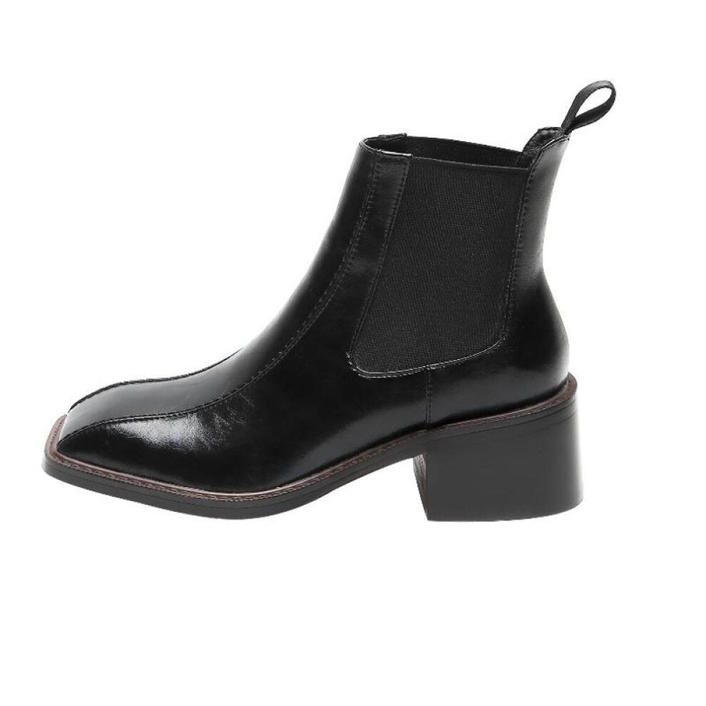 (black, 35) Women Ankle Boots Cowhide Natural Leather Plus Size Women Shoes Europe And America Square Head Chunky Heel Chelsea Boots