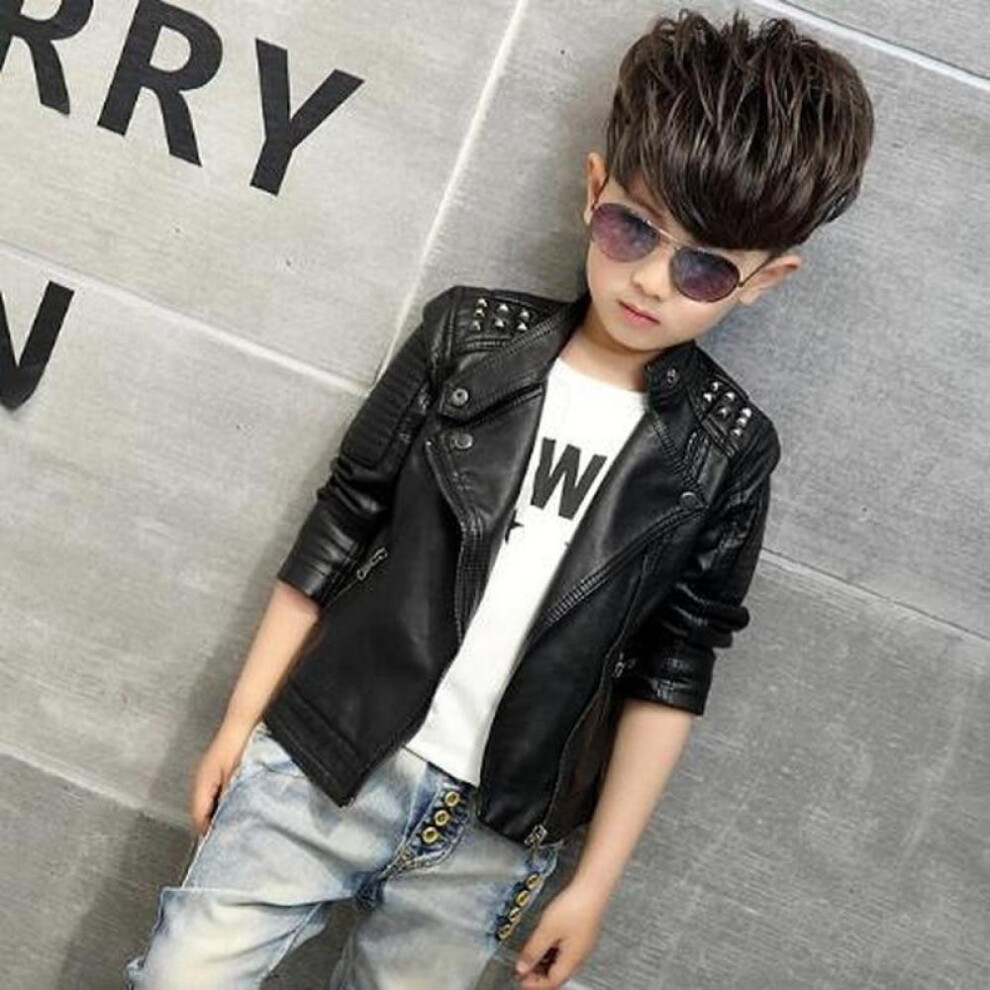 (black, 90) Boys Coat Children&apos;s Pu Jacket Kid Outwear Solid Long Sleeve Casual Motorcycle Jacket  Spring Autumn