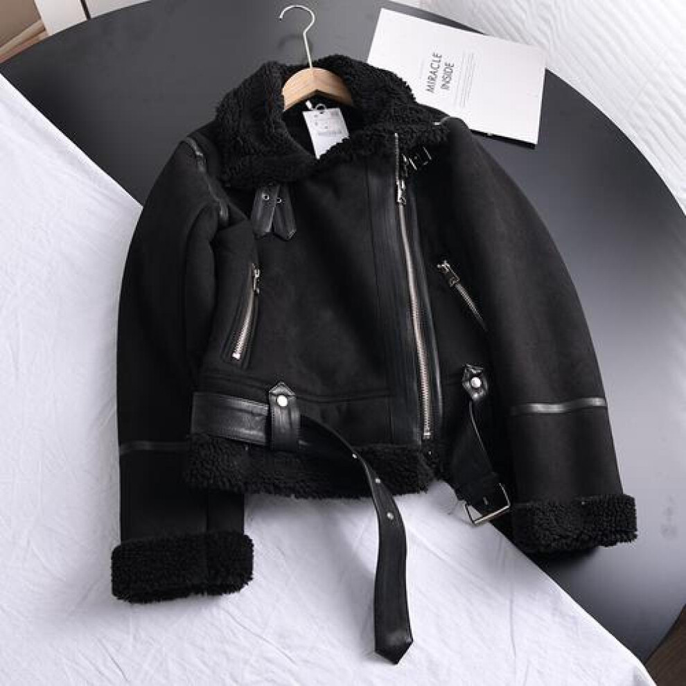 (black, XL) Winter Women Thick Warm Suede Jacket Short Motorcycle Brown Coats Faux Shearling Sheepskin Leather Jackets Outwear