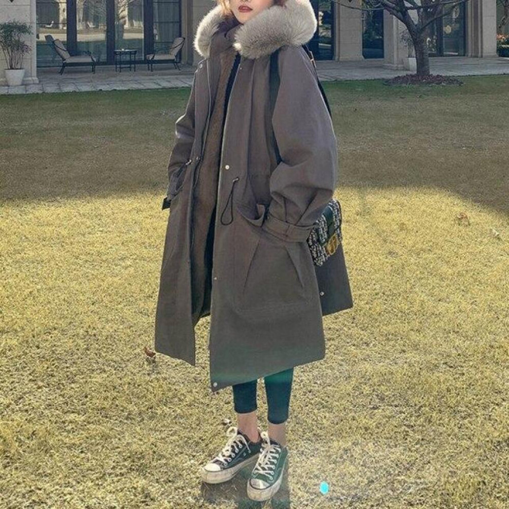 (gray, L) Women Winter  Cotton Padded Jacket With Plush Thickened Padded Long Parka Jacket Faux Fur Hooded Jacket