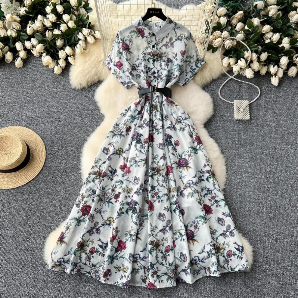 (white, L) French Vintage Print Lapel Dress Women&apos;s Short Sleeve Floral Print High Waist Belt Office Lady Maxi Clothing Female Vestidos