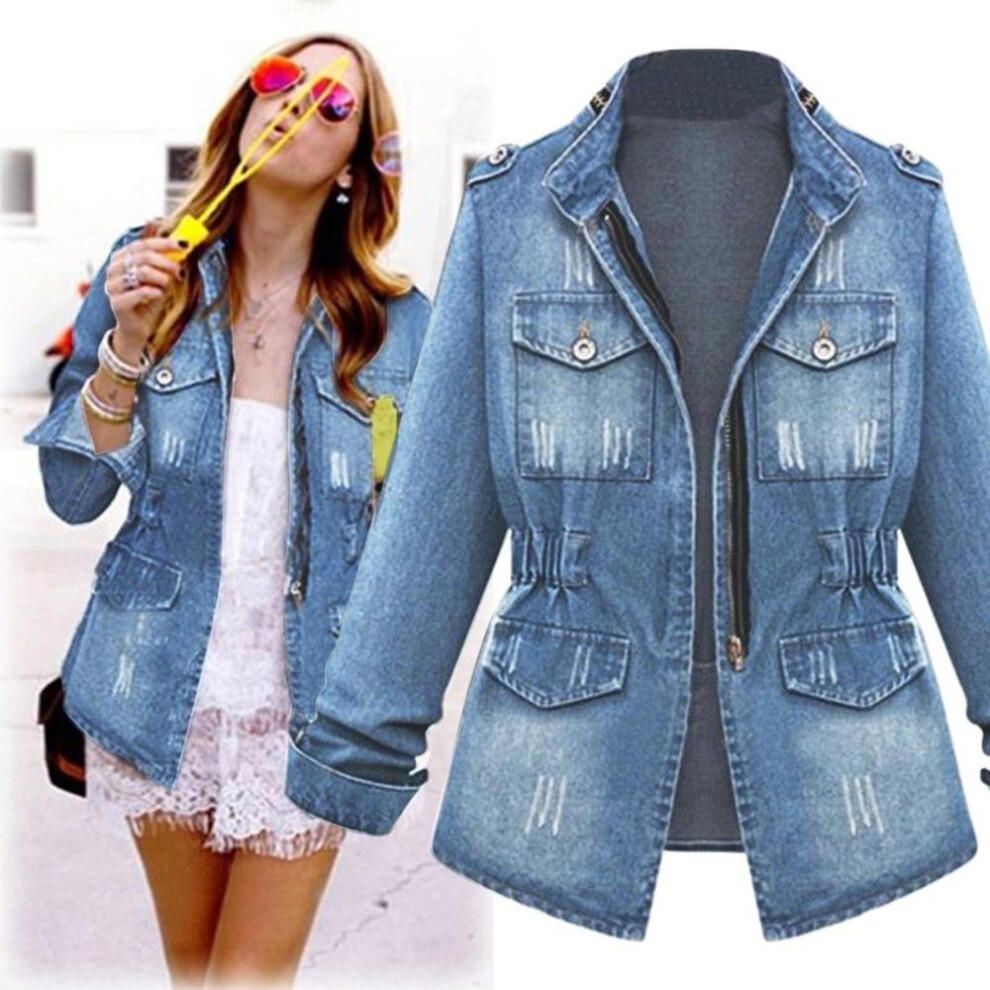 (blue, XXL) Plus Size Casual Womens Ladies Denim Oversize Jeans Chain Jacket Pocket Coat