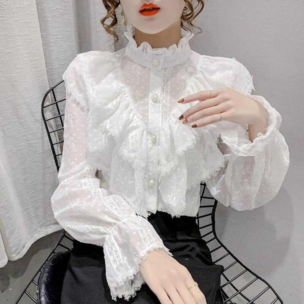 (white, S) Fashion Ruffle Vintage Blouse Women Elegant Long Sleeve Lace Shirt Loose Chiffon Shirts Stand Collar Pleated Tops 15832