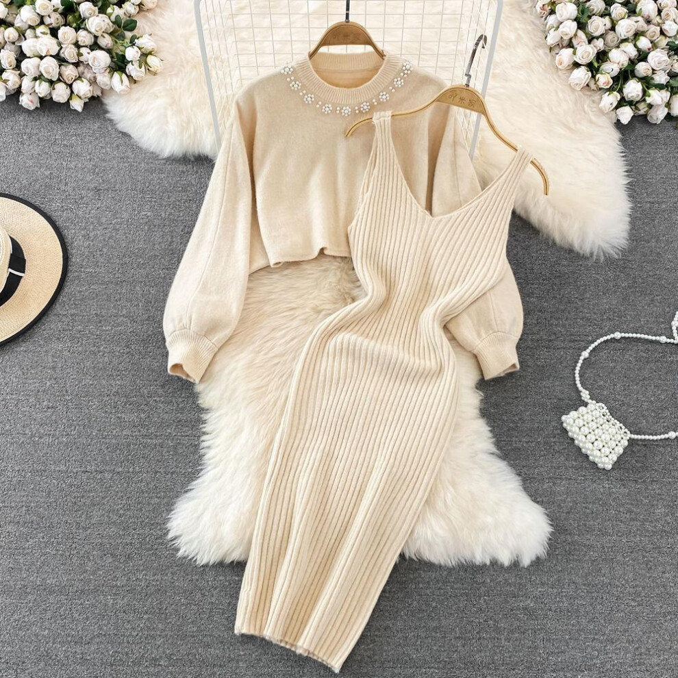 (beige, One Size) Celebrity Style Round Neck Beaded High Waist Short Open Bellybutton Sweater Two Piece Spicy Girls Knitted Tank Top Dress Women
