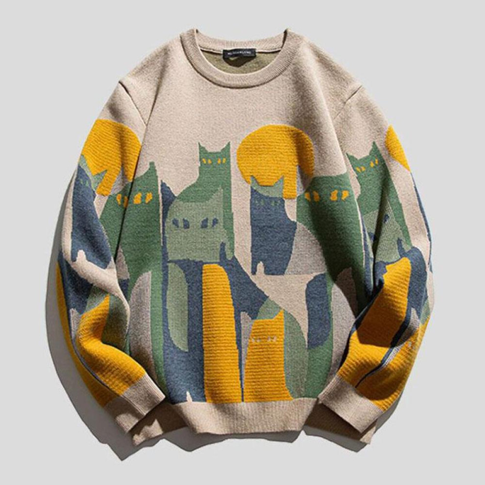 (beige, M) Mens Women Pull Knitted Sweater With Cats Sweatshirts Y2k Clothes Pullover Long Sleeve Winter Jumper Knit Fleece Sweater For Men