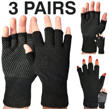 (Black - 3 Pairs) 3,6,12 Pair Fingerless Gripper Mens Thermal Gloves