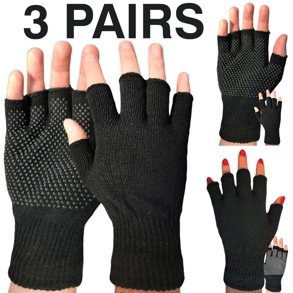 (Black - 3 Pairs) 3,6,12 Pair Fingerless Gripper Mens Thermal Gloves