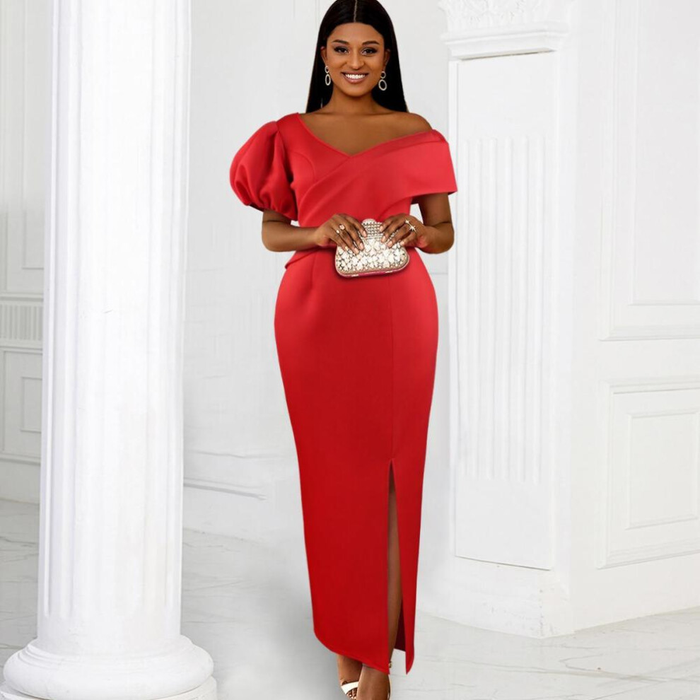 (red, 1XL) Aomei Red Formal Dresses Evening Gown Elegant Women Cold Shoulder V Neck Puff Sleeve Slit Irregular Long Vestidos Classy Celebrate Outfit