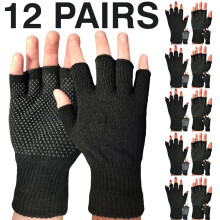 (Black - 12 Pairs) 3,6,12 Pair Fingerless Gripper Mens Thermal Gloves