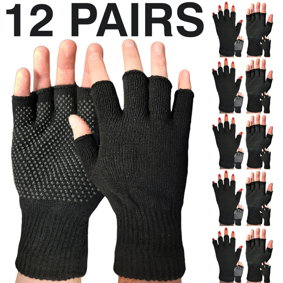 ( - 12 Pairs) 3,6,12 Pair Fingerless Gripper Mens Thermal Gloves Black