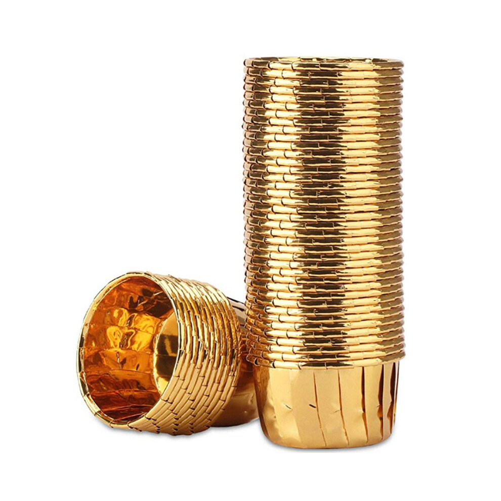 Tlily 50Pcs Aluminum Foil Cupcake Cups Disposable Muffin Liners Baking Cups Aluminum Cupcake Tip Pan Ramekin Holders Little Pudding Cups- Gold