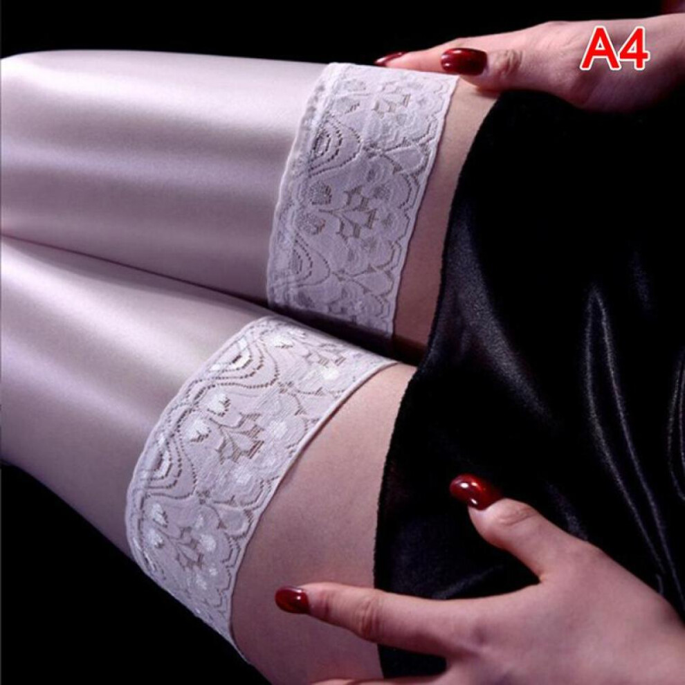 (white) 1pair Sexy Lace Satin Silky Smooth Thigh High Socks Smooth Stockings