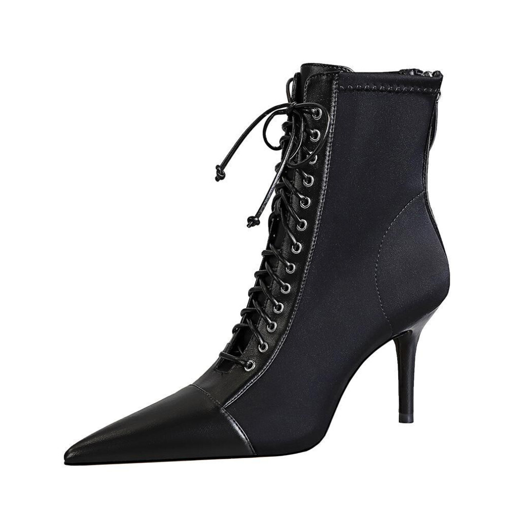 (black, 35) Bigtree Fashion Sexy Thin Heel High Heel Pointed Toe Lace Up Cross Strap Short Boots Women's Boots