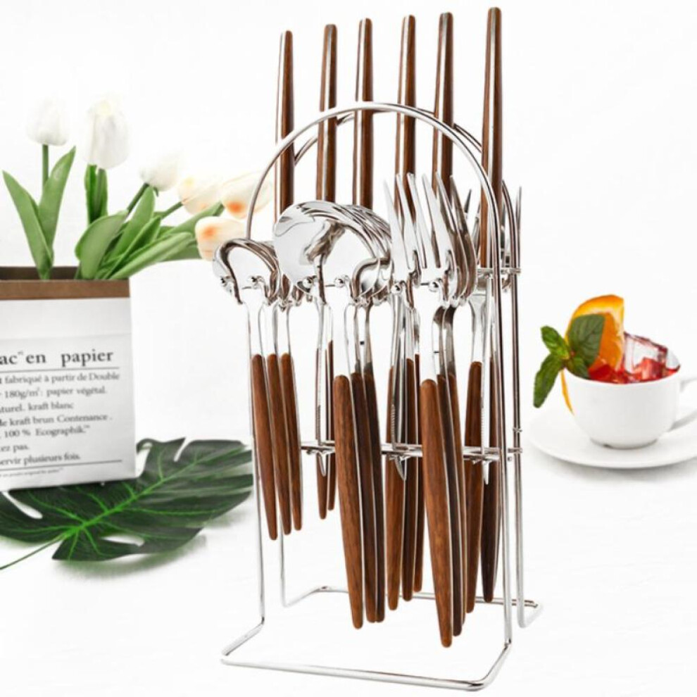 (B-wooden handle-silver) 24pcs Natural Bamboo Handle Cutlery Set Stainless Steel Family Dinnerware Flatware Tableware With 1pc Silverware Holder