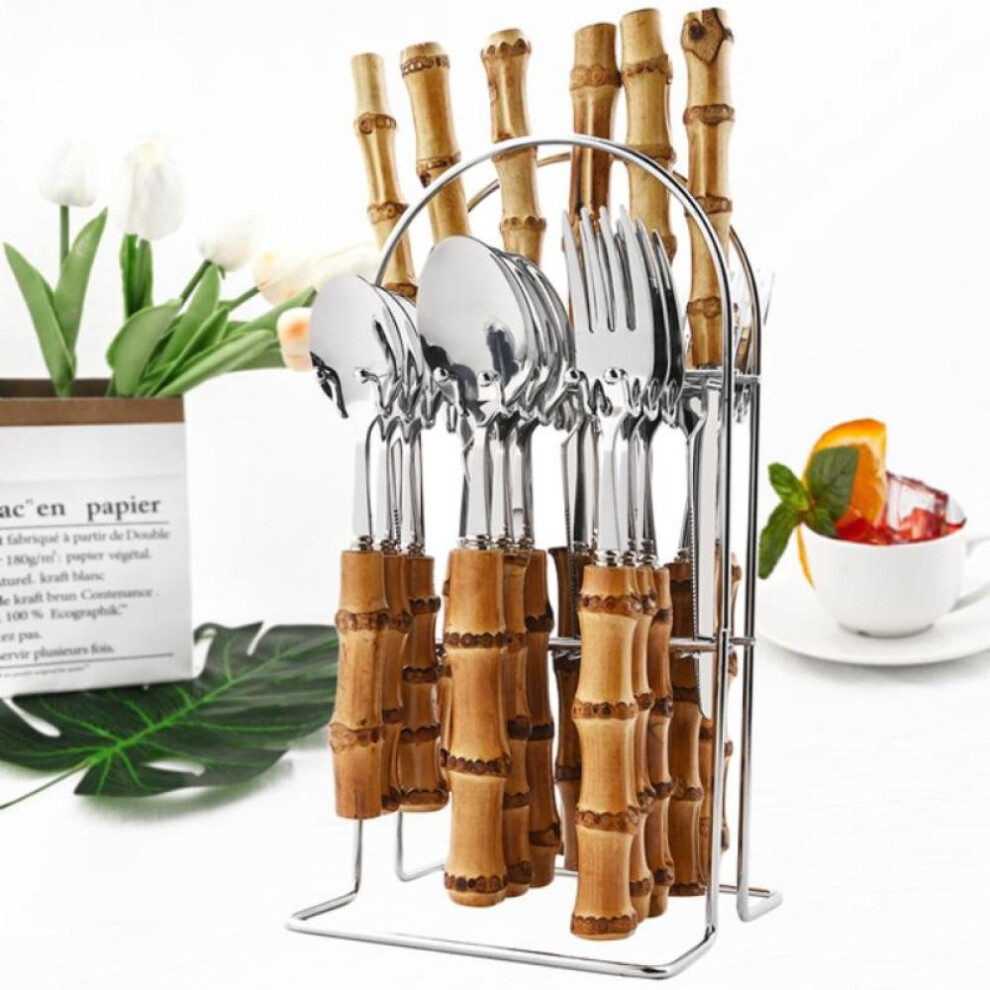 (A-bamboo handle-silver) 24pcs Natural Bamboo Handle Cutlery Set Stainless Steel Family Dinnerware Flatware Tableware With 1pc Silverware Holder