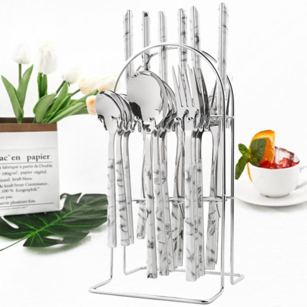 (C-white & silver) 24pcs Natural Bamboo Handle Cutlery Set Stainless Steel Family Dinnerware Flatware Tableware With 1pc Silverware Holder