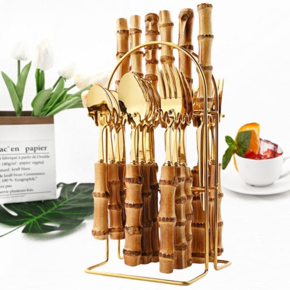 (A-bamboo handle-gold) 24pcs Natural Bamboo Handle Cutlery Set Stainless Steel Family Dinnerware Flatware Tableware With 1pc Silverware Holder