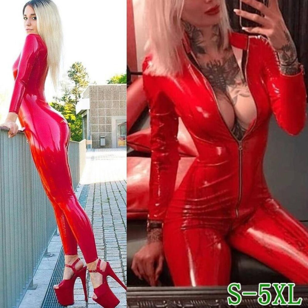 (red, XL) Women&apos;s Fashion Long Sleeve Red Paint Leather Catsuit Pvc Latex Bodysuit Front Zipper Open Crotch Stretch Street Style Jumpsuit Plus Size