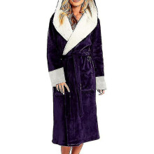 (L, Purple) Sherpa Fleece Bathrobe Women Soft Dressing Gown Hooded Fluffy Towling Bath Robe_y