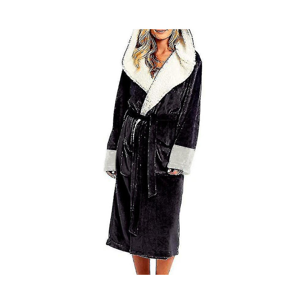 (L, Black) Sherpa Fleece Bathrobe Women Soft Dressing Gown Hooded Fluffy Towling Bath Robe_y