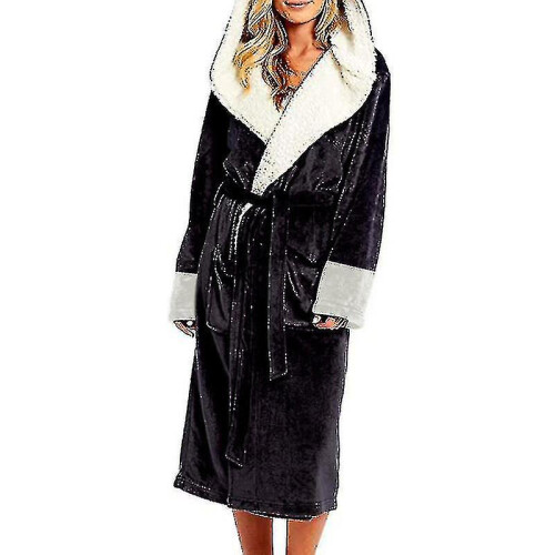 (2XL, Black) Sherpa Fleece Bathrobe Women Soft Dressing Gown Hooded Fluffy Towling Bath Robe_y