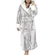 (3XL, Grey) Sherpa Fleece Bathrobe Women Soft Dressing Gown Hooded Fluffy Towling Bath Robe_y