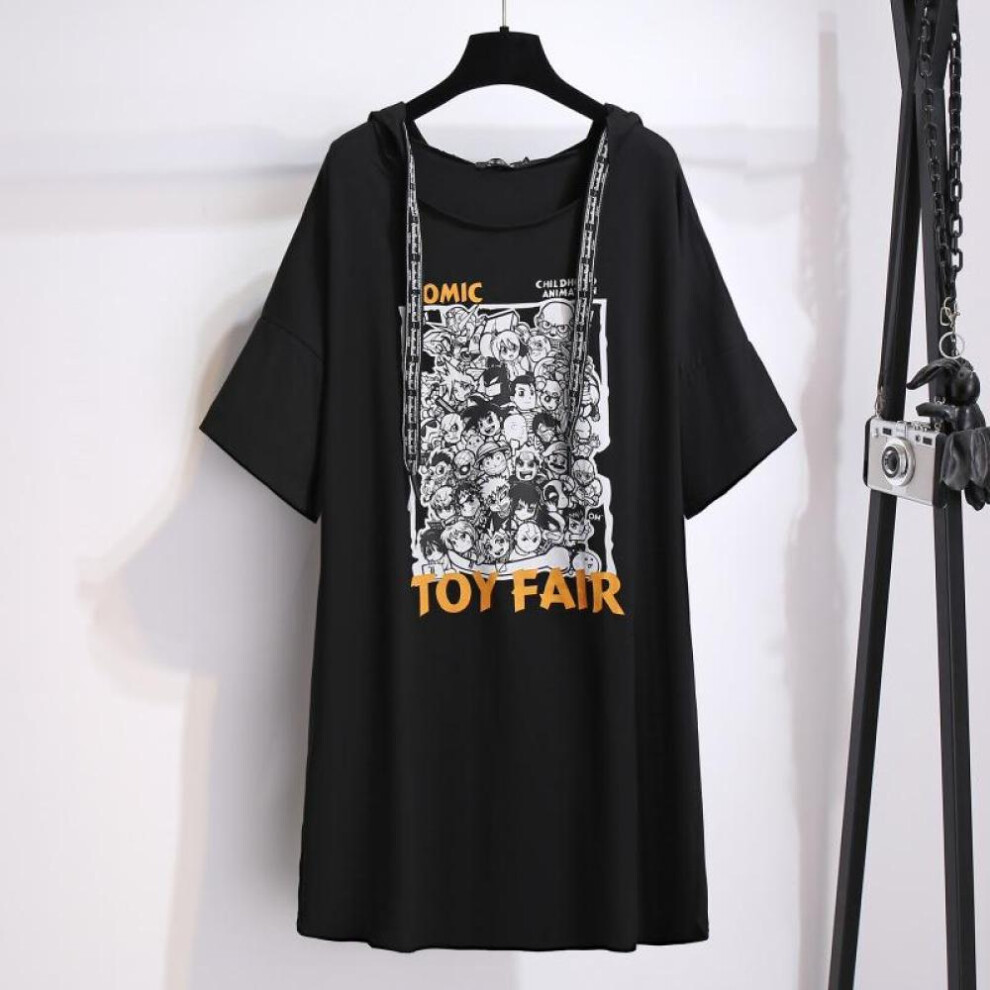 (black, 4XL) Temperament Commuter Women&apos;s Plus Size T-shirt Medium-length Hooded T-shirt Dress Fashion Trend Dress
