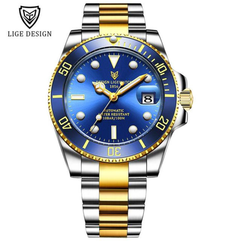 (gold,blue) 2021 Lige New Watch Men Automatic Mechanical Tourbillon Clock Fashion Sport Diving Watch 100atm Waterproof Luminous Watches Mens