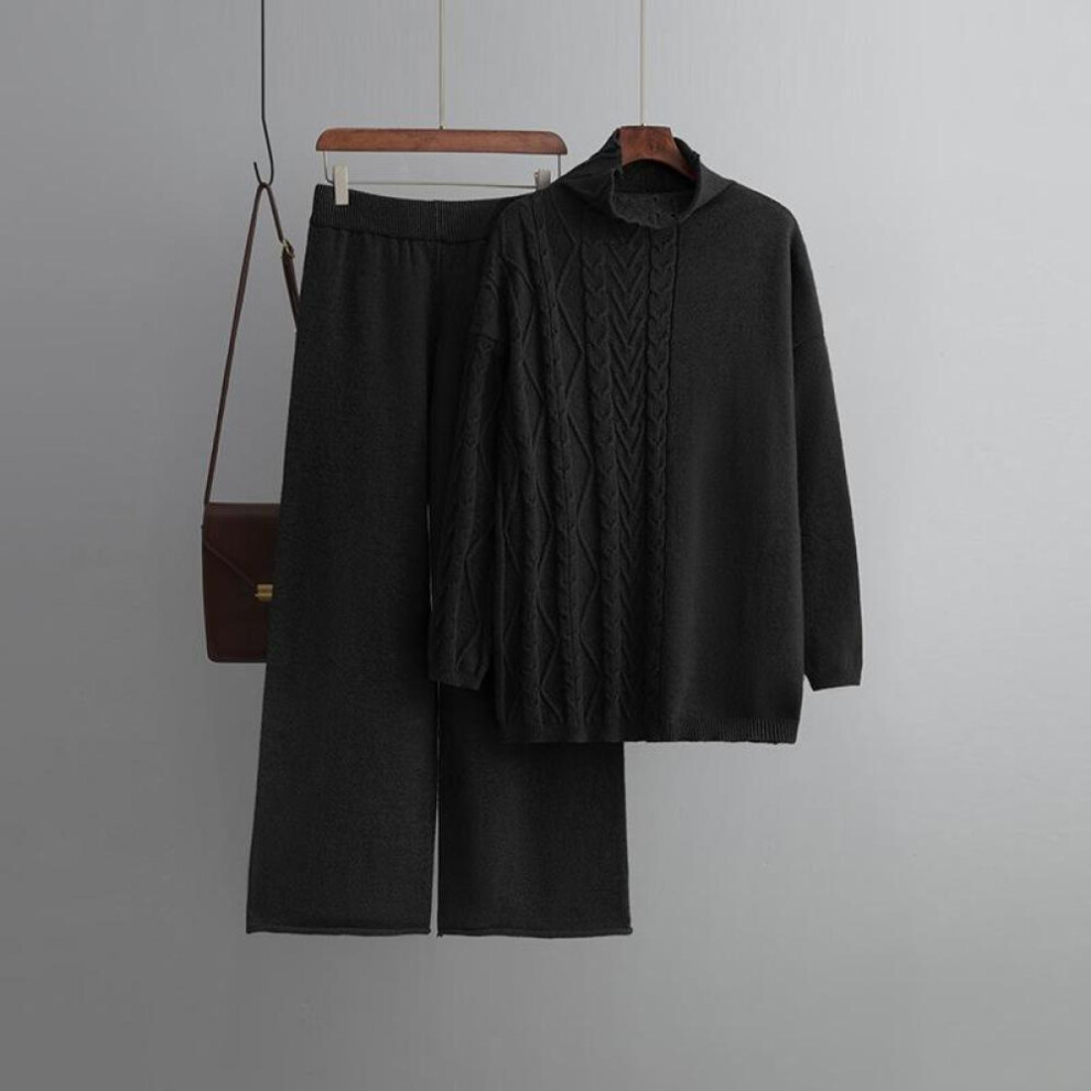 (black, OneSize) Autumn Winter Oversized High Neck Long Sleeve Solid Color Casual Set Women Soft Lazy Two Piece Knit Sweater
