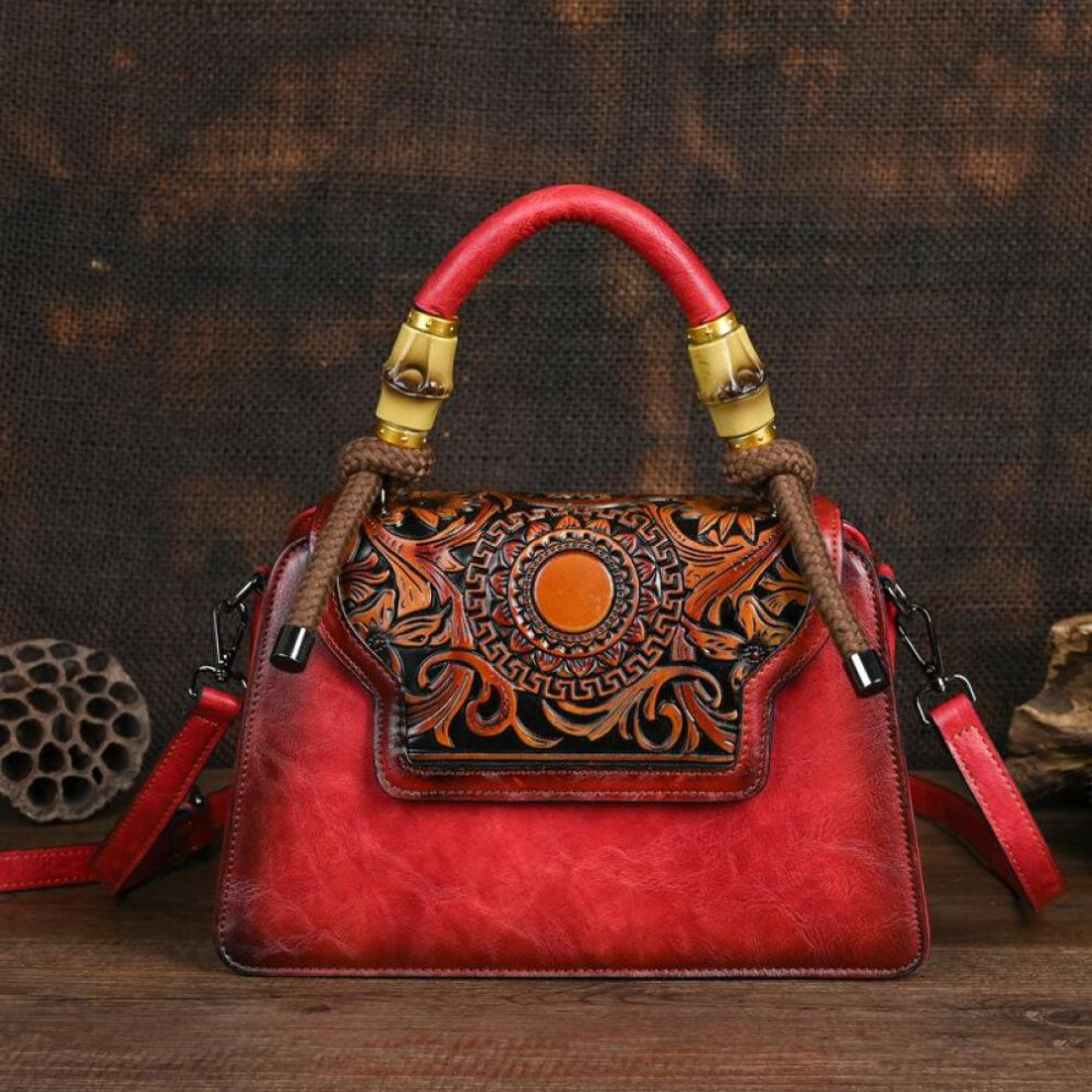 (red) Johnature Vintage Handmade Embossed Women Leather Bag Luxury Handbag Versatile Female Shoulder & Crossbody Bags