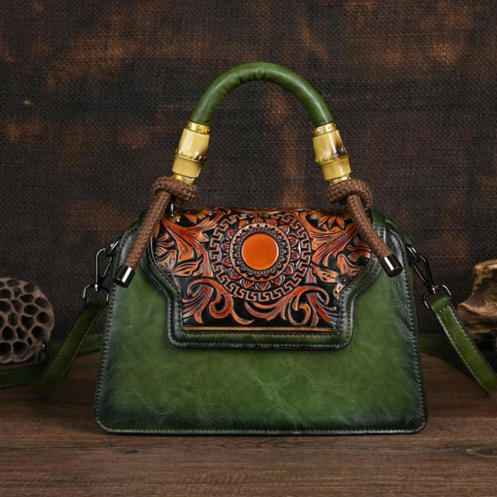(green) Johnature Vintage Handmade Embossed Women Leather Bag Luxury Handbag Versatile Female Shoulder & Crossbody Bags