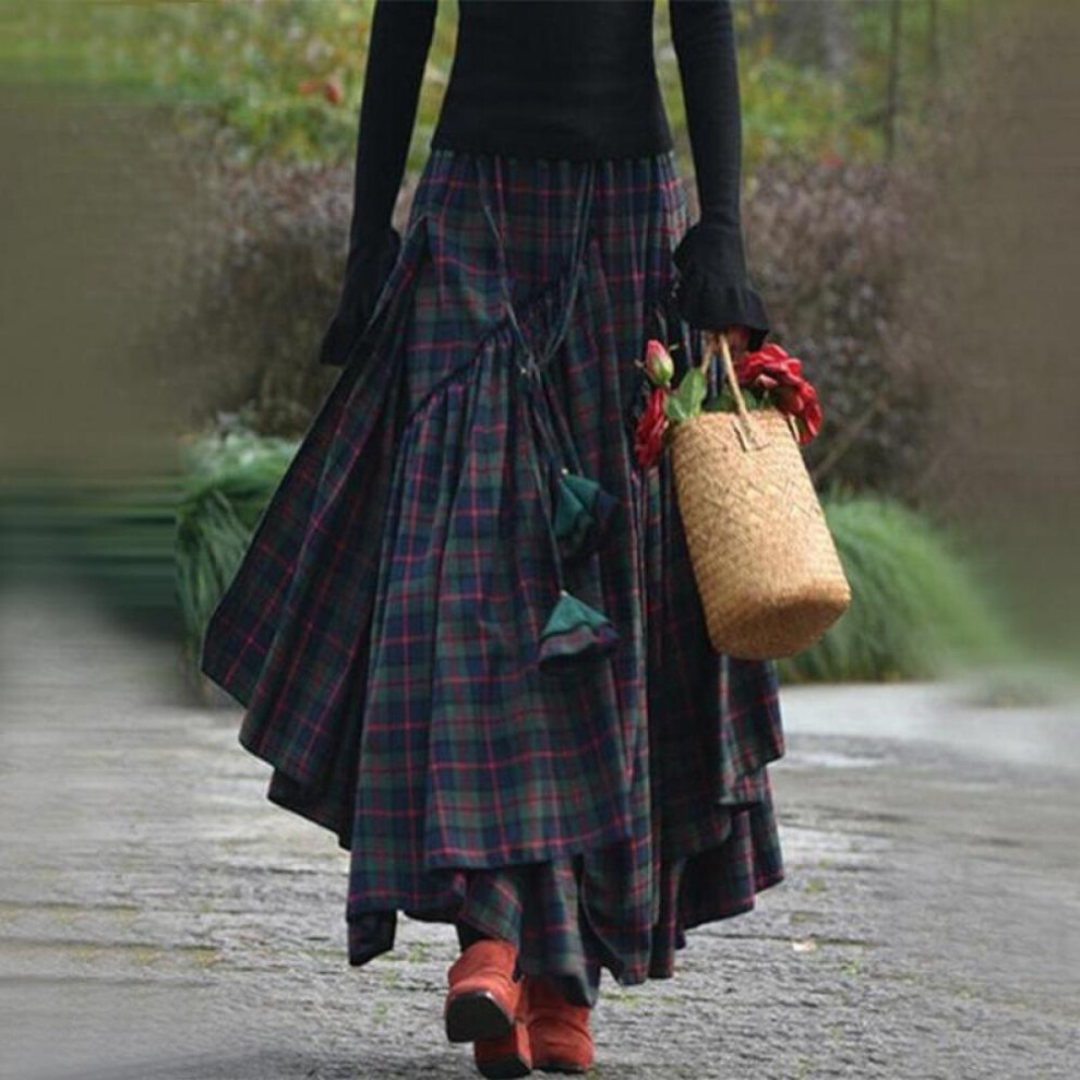 (black, XXXL) Fashion Women Plaid Maxi Skirt Splice Irregular Swing Pleated Skirts