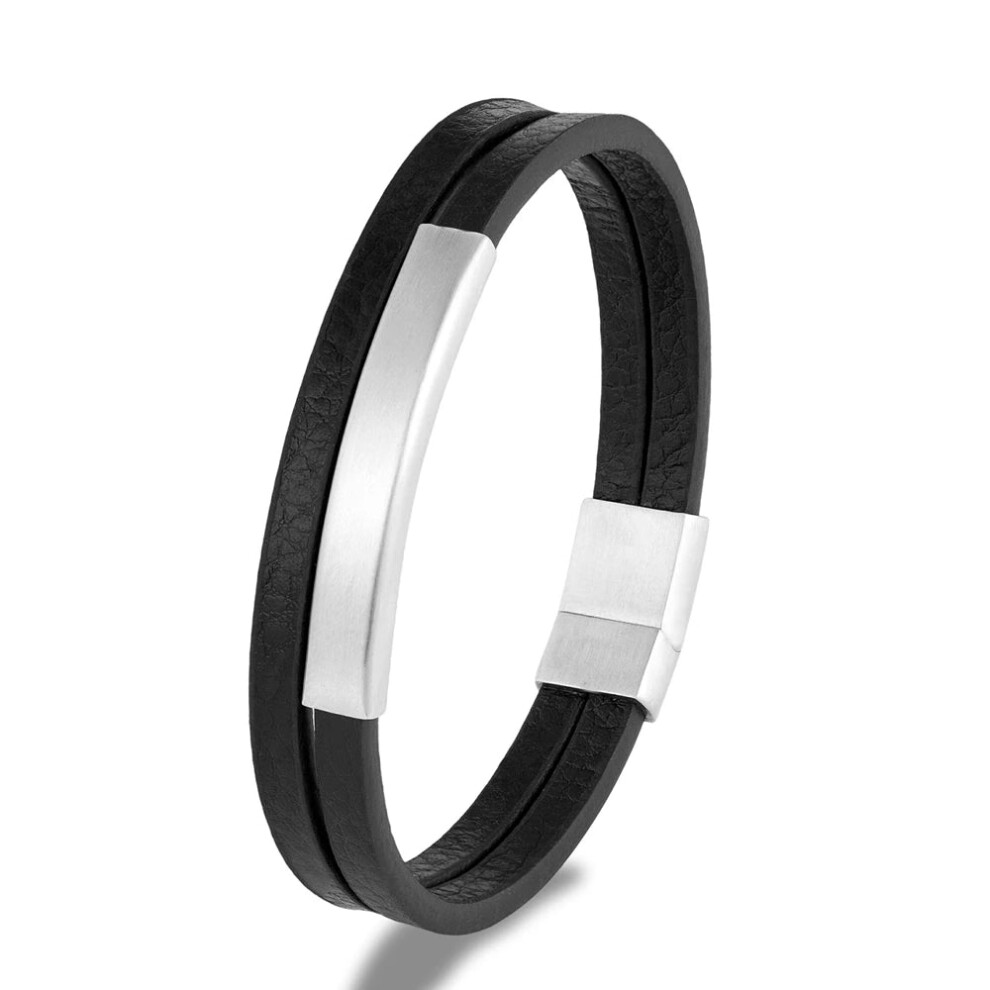 (23cm, Silver black) Simple Style Men Double Strand Leather Bracelet Stainless Steel Clasp-image-OPC-PFSZNRZ-NEW