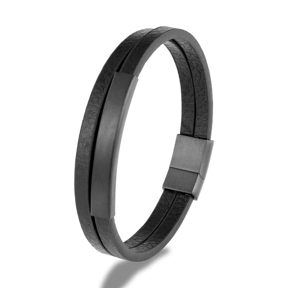 (23cm, Black) Simple Style Men Double Strand Leather Bracelet Stainless Steel Clasp-image-OPC-PFSZNSB-NEW