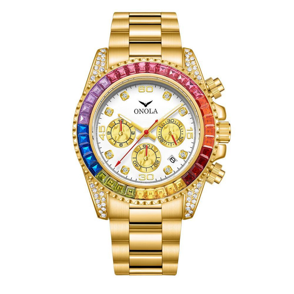 (gold,white) Fashion Rose Gold Business Men&apos;s Watch Rainbow Diamond Watch Ring Waterproof Solid Stainless Steel Strap Men Quartz Watch Chronograph
